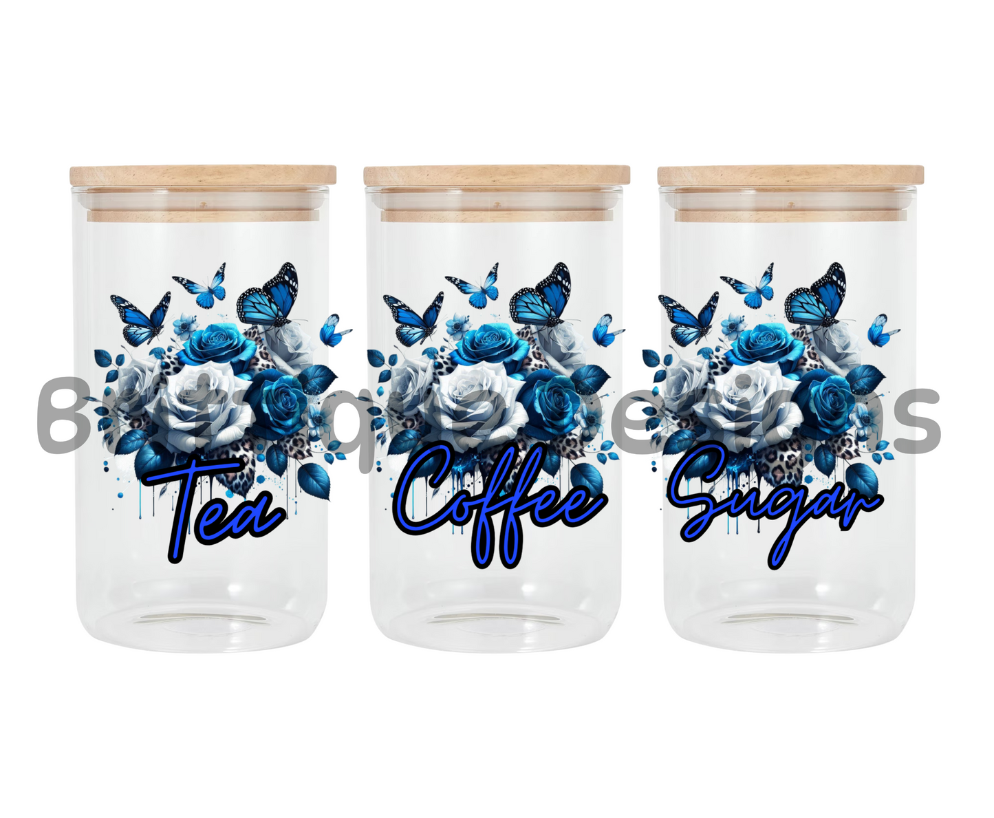 Flowers & Butterfly Blue | Canister Decal | 16oz Double Sided UV DTF | #403