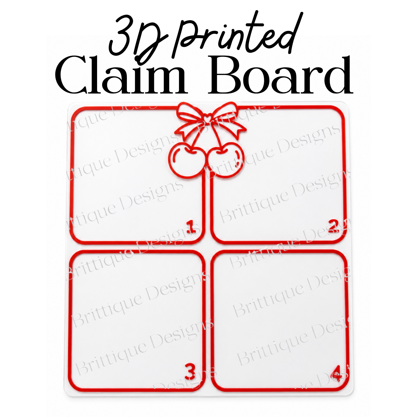 Cherry Bow 1234 3D Printed Claim Board – Red & White | Seconds & Samples