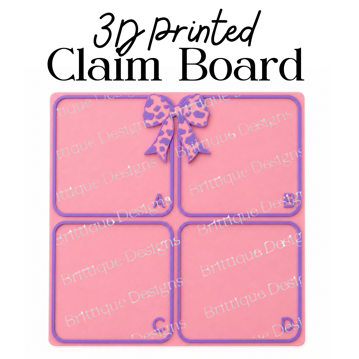Cow Bow ABCD 3D Printed Claim Board – Light Pink & Purple | Seconds & Samples