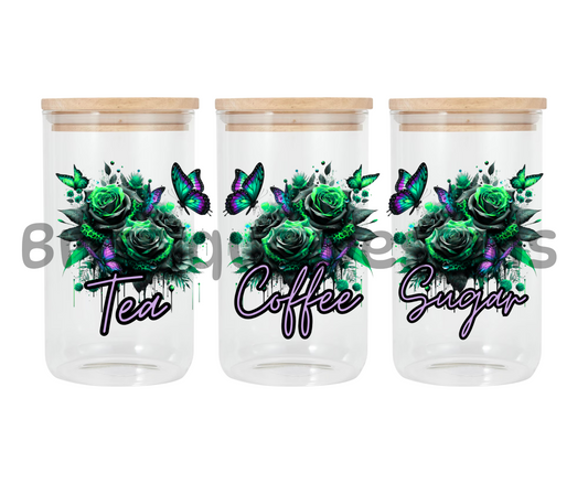 Flowers & Butterflys Green | Canister Decal | 16oz Double Sided UV DTF | #400